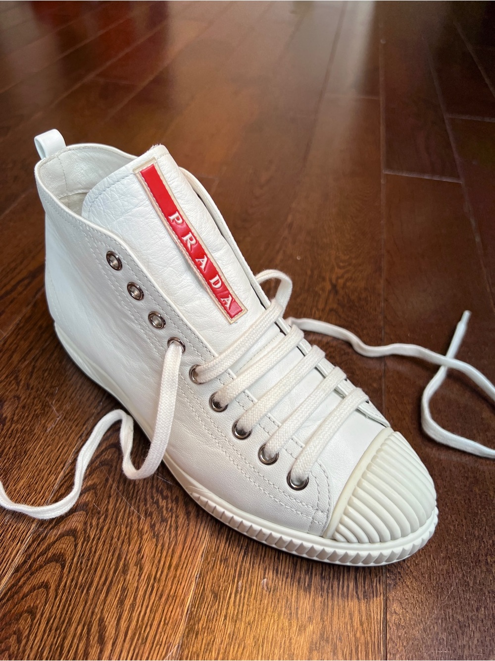 Prada Women’s White Leather Sneakers – US Size 6.5
